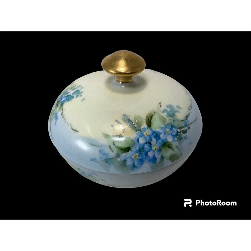 Vintage Hand painted Signed Vanity Lidded Jar Blue Flowers Gold Handle 4"